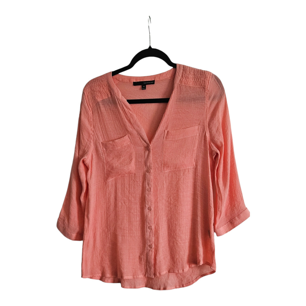 Harve Bernard Womens Blouse Size M Pink Gauzy Button Down 3/4 Sleeve Pockets